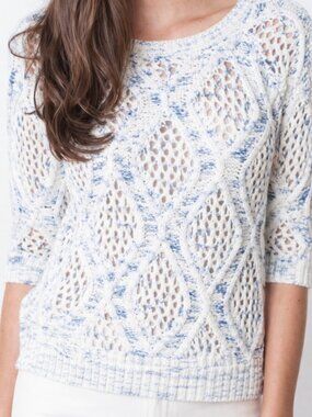 Pink Martini Blue White Open Knit Sweater Size M Boho Crochet Lightweight Top